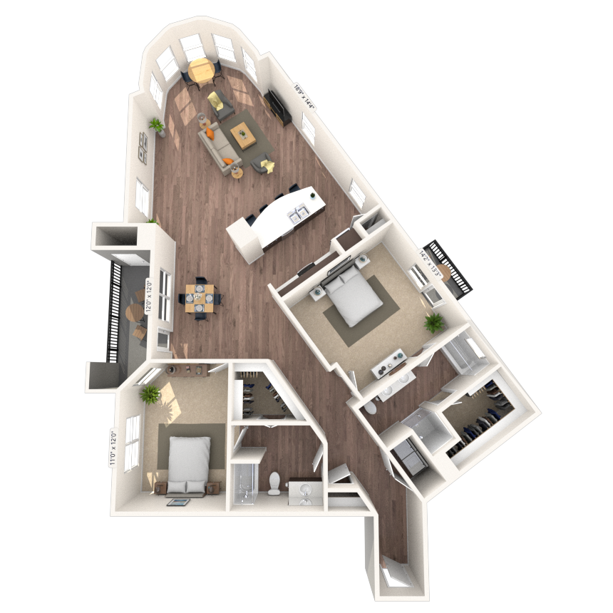 Floor plan for 2 beds, 2 baths, 1700 sqft